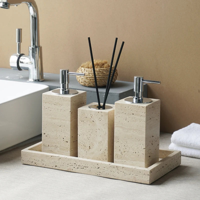 Beige Travertine Bathroom Accessories Set Natural Marble Soap