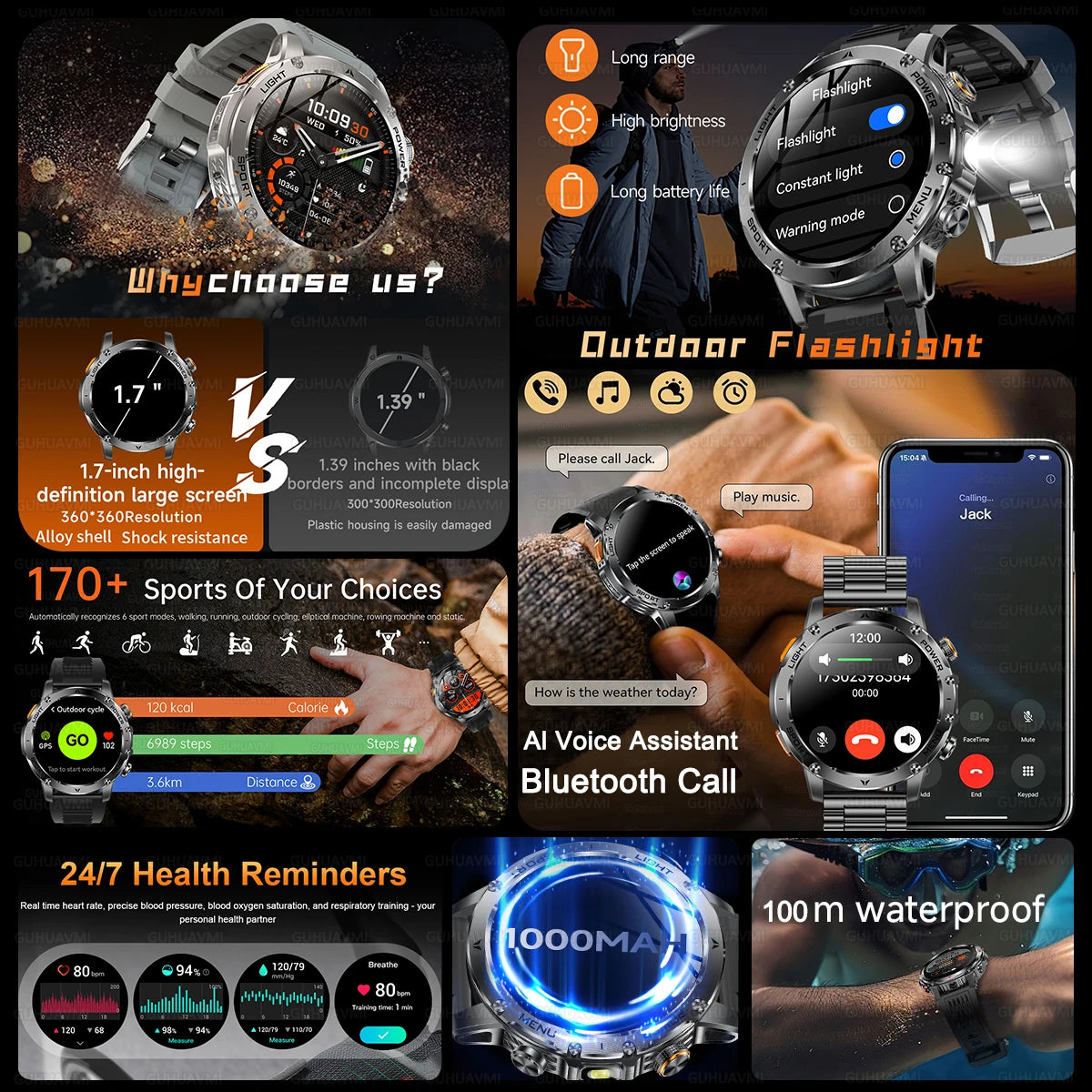 2026 Military Smart Watch Fitness Clock Men 466*466 AMOLED Screen 1000mAh Battery Flashlight Call Waterproof T-Rex 3 Smartwatchs