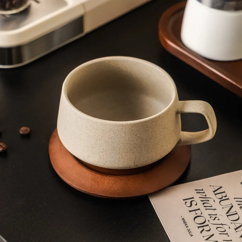 Coarse Pottery Ceramic Coffee Cup with Wooden Saucer 240ml Afternoon
