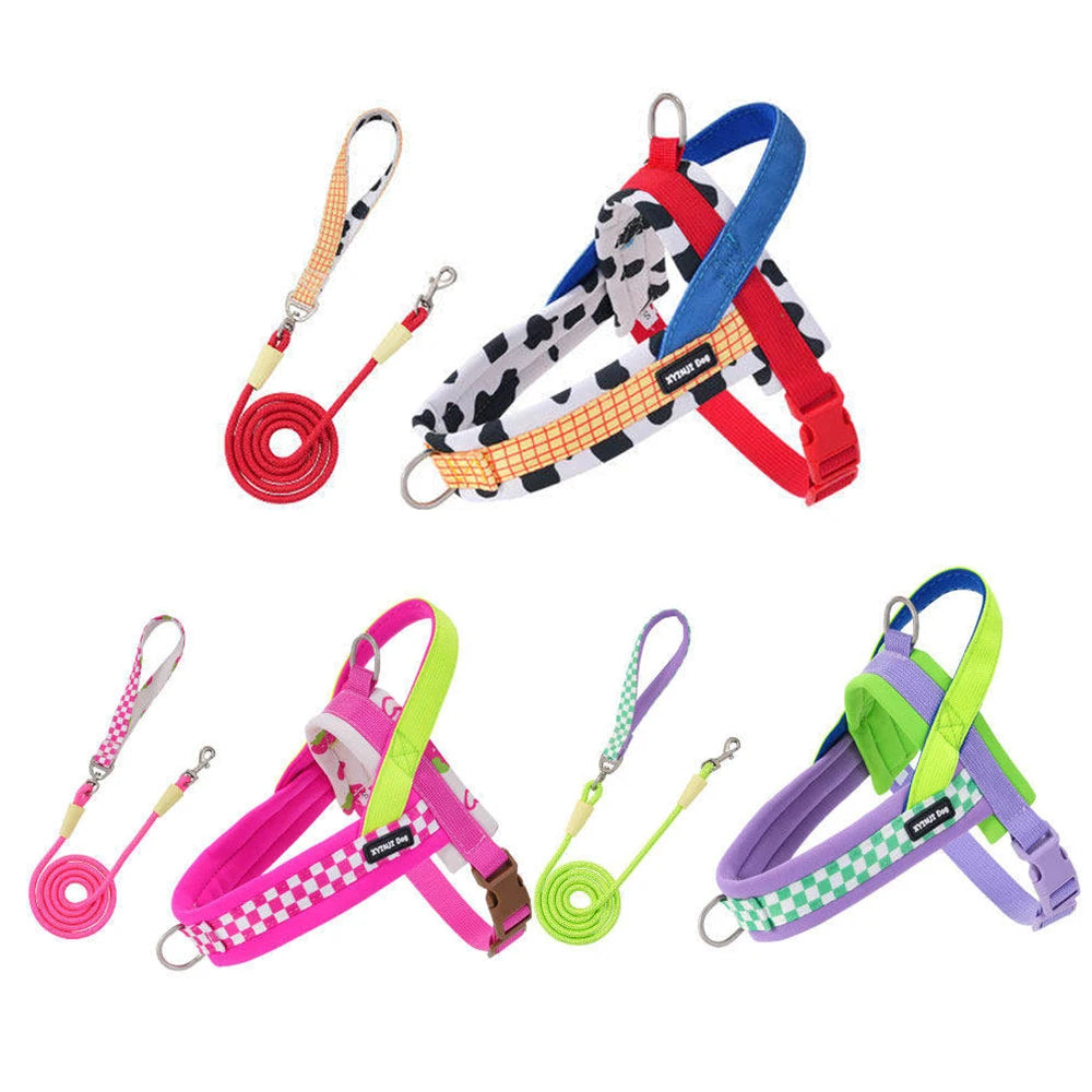 Dog Harness and Leash Set Saddle Plaid Adjustable Puppy Vest Harness