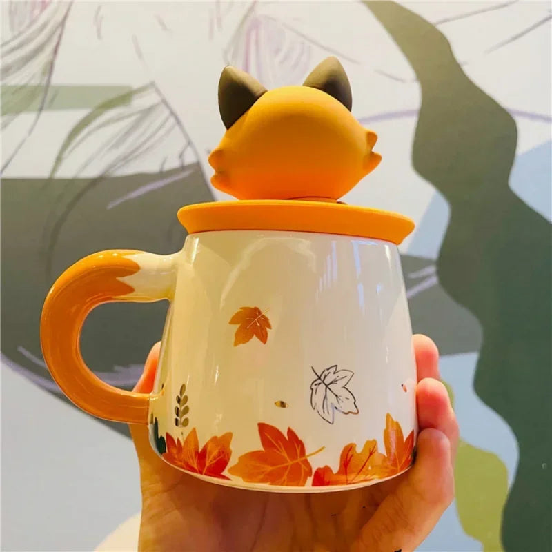 Coffee Mug with Lid  Autumn Cute Maple Leaf Forest Autumn Rabbit Cute