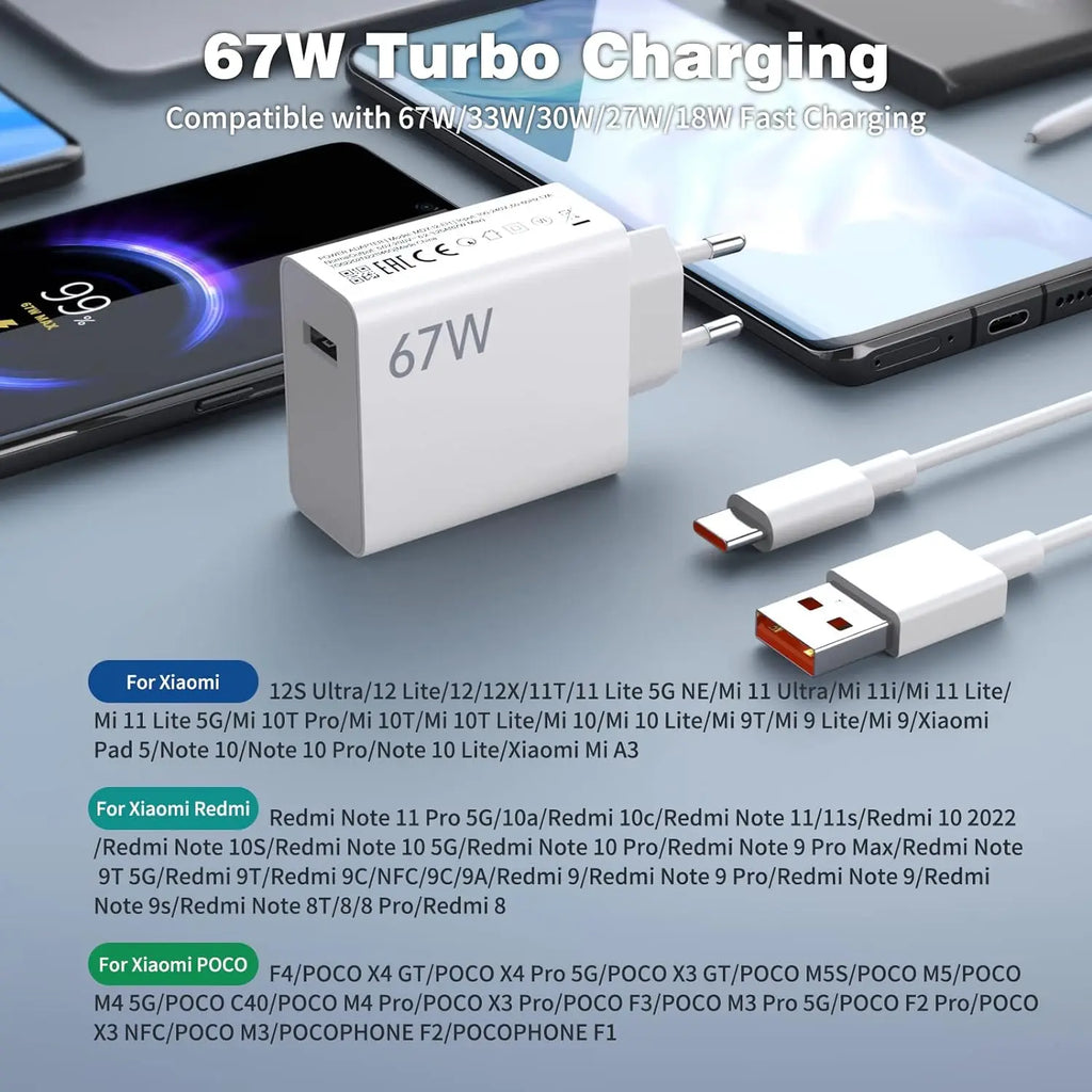 67W 6A Turbo Fast USB Charger For Xiaomi 12 13 14 15 17 Pro Redmi