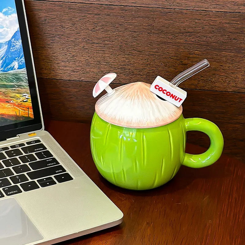 Coconut Shaped Mug Cute Drinking Cup With Lid and Straw Drinkware