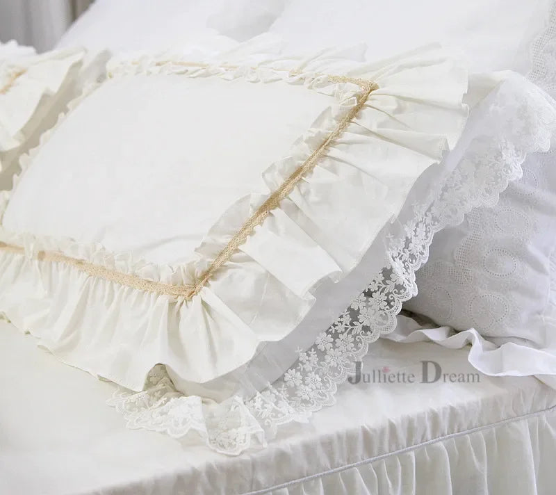2 Pieces White Satin Lace Ruffle Pillow Case European Style Elegant Embroidered Pillowcase Luxury Bedding Pillow Cover