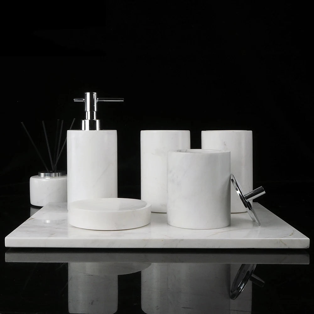 Volakos White Natural Marble Bathroom Set Soap Dispenser Soap Dish