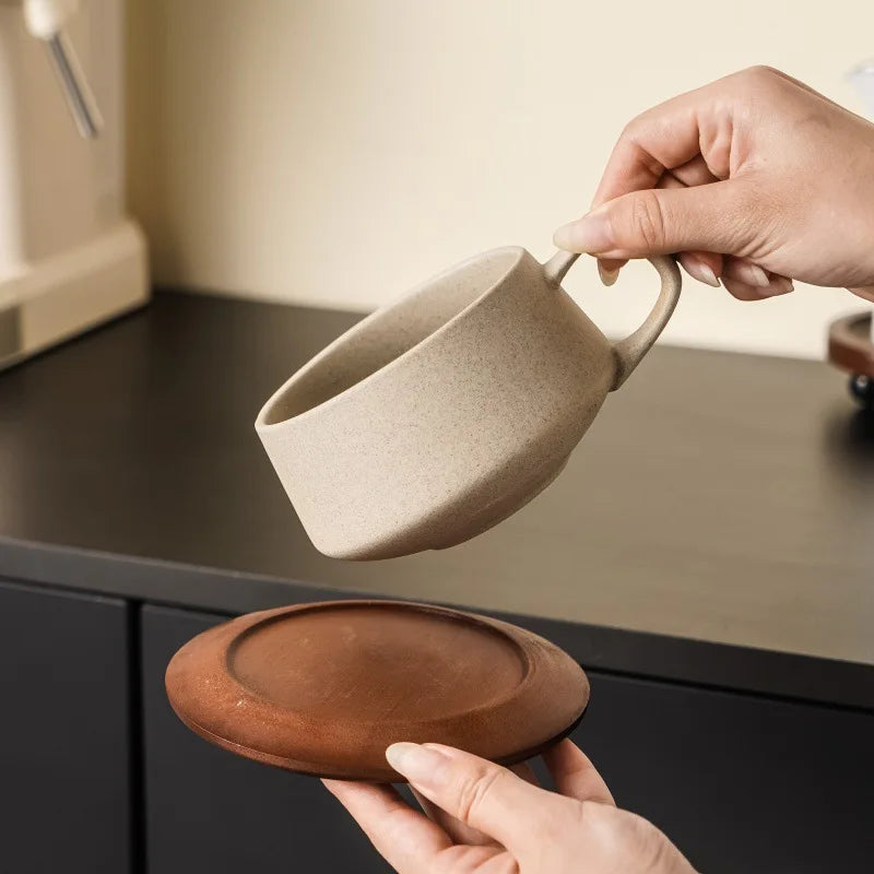 Coarse Pottery Ceramic Coffee Cup with Wooden Saucer 240ml Afternoon