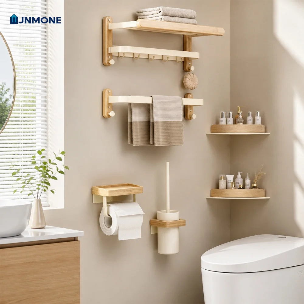 White Walnut Wood Bathroom Hardware Set Towel Rack Organizer Shelf