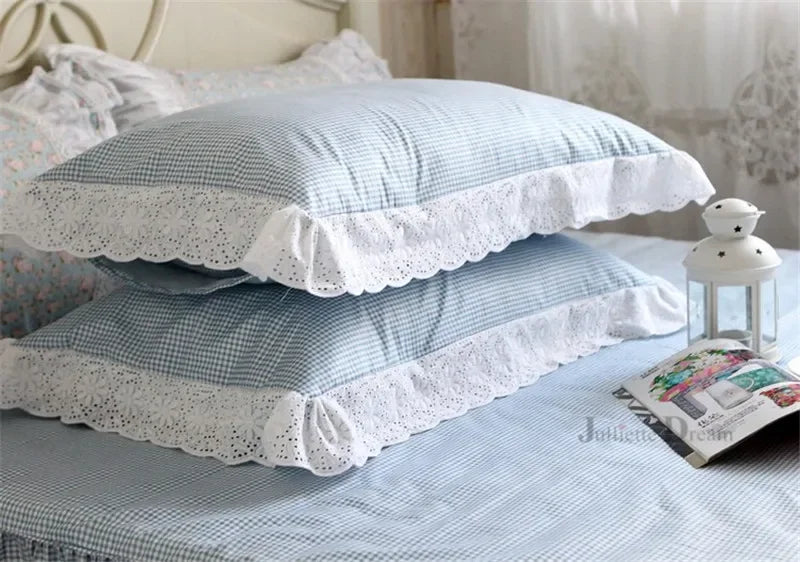 2 Pieces White Satin Lace Ruffle Pillow Case European Style Elegant Embroidered Pillowcase Luxury Bedding Pillow Cover