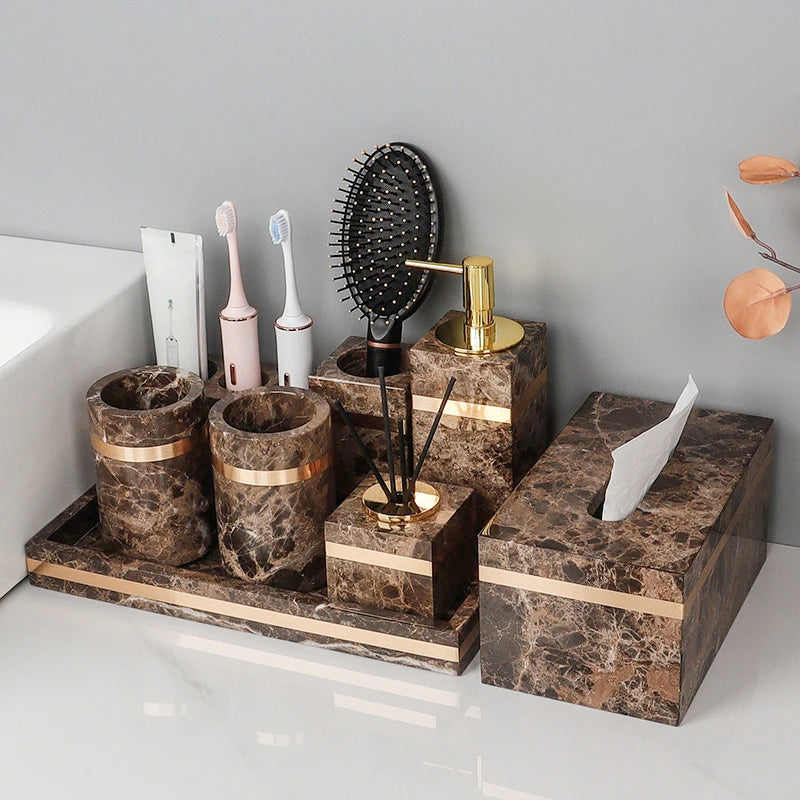 Emperador Dark Natural Marble Bathroom Set Luxury Stone Toothbrush