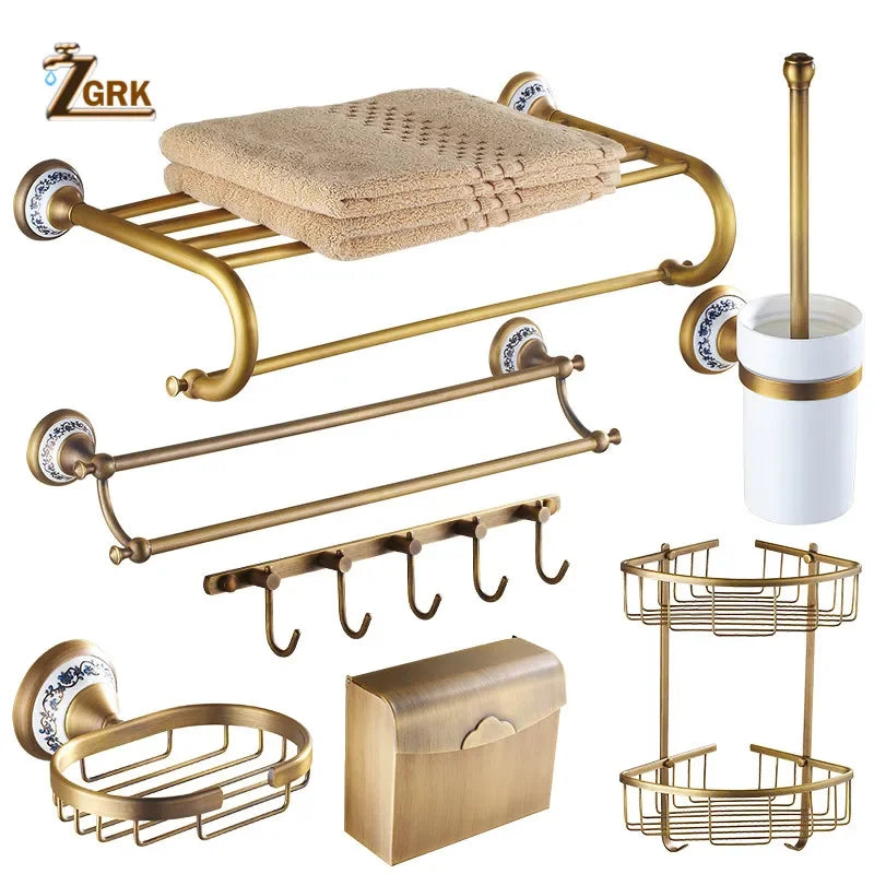 ZGRK Antique Bathroom Accessories Carved Brass Hardware Set Wall