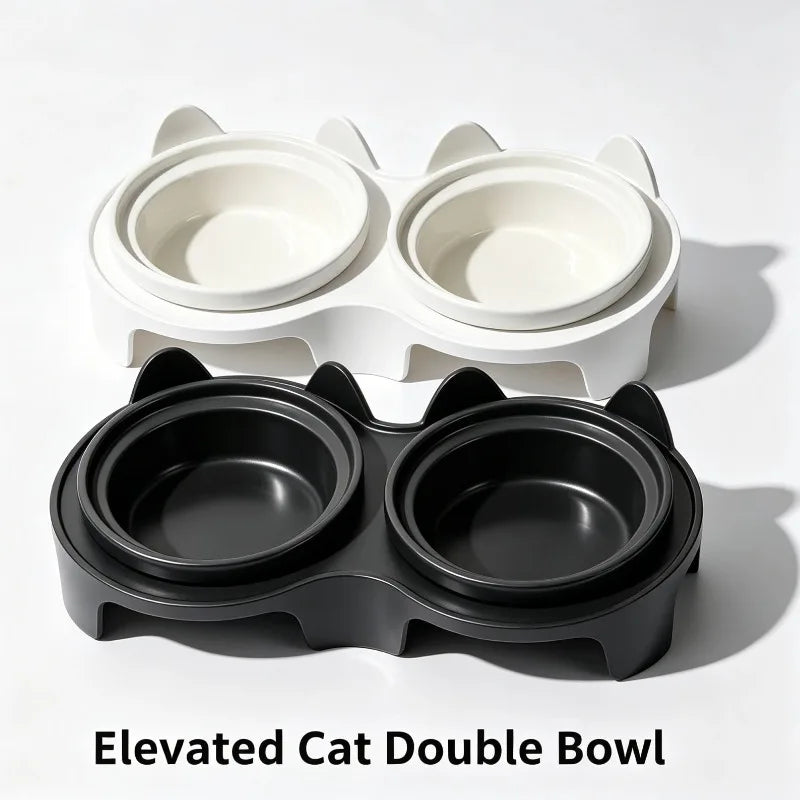 Pet Double Bowl Cat Dog Food Water Feeder Elevated Tilted Feeding