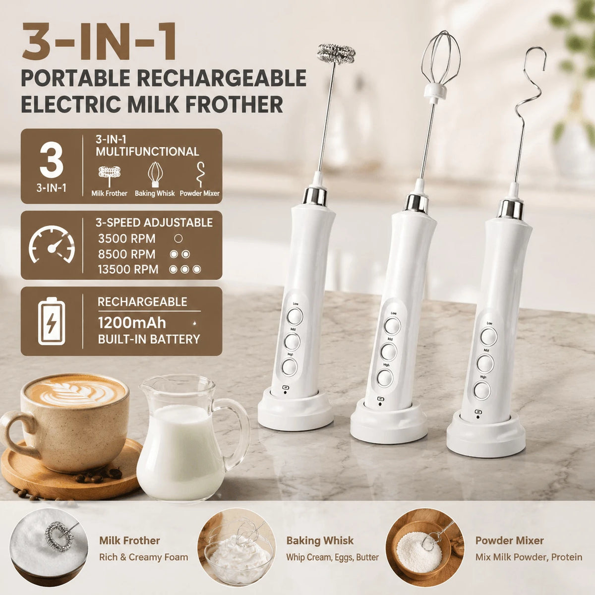 USB Rechargeable Milk Frother Mini Handheld Electric Foam Maker 3