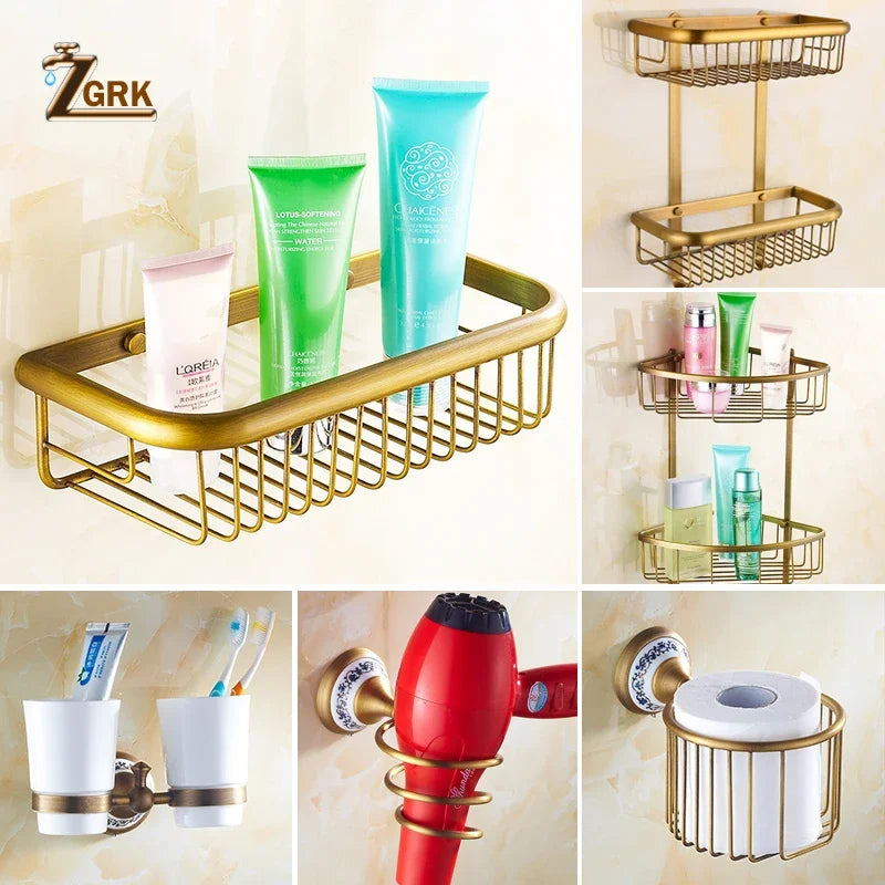 ZGRK Antique Bathroom Accessories Carved Brass Hardware Set Wall