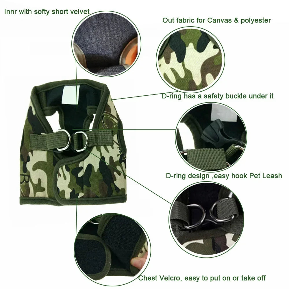 Dog Harness Leash Set Cute Army Small Dog Harness Cats Walking Chest