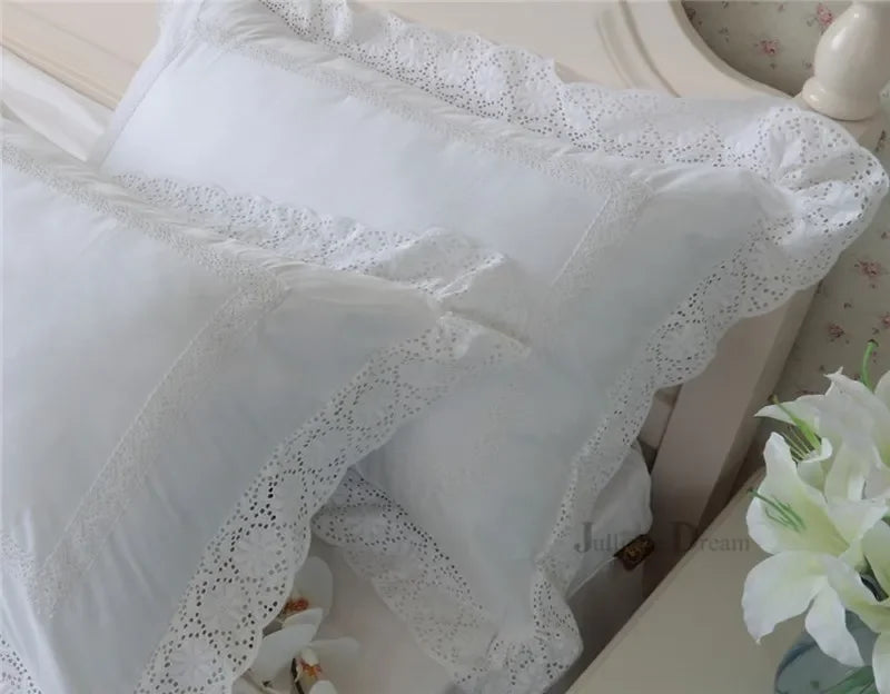 2 Pieces White Satin Lace Ruffle Pillow Case European Style Elegant Embroidered Pillowcase Luxury Bedding Pillow Cover