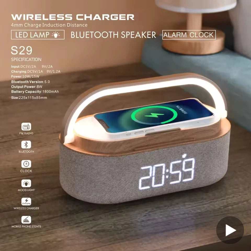 Portable Bluetooth Speaker Wireless Charging FM Radio Alarm Clock