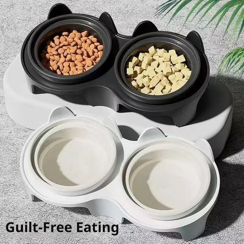 Pet Double Bowl Cat Dog Food Water Feeder Elevated Tilted Feeding