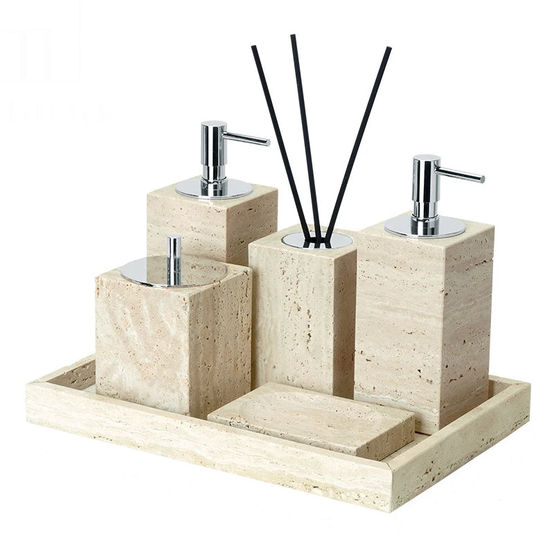 Beige Travertine Bathroom Accessories Set Natural Marble Soap