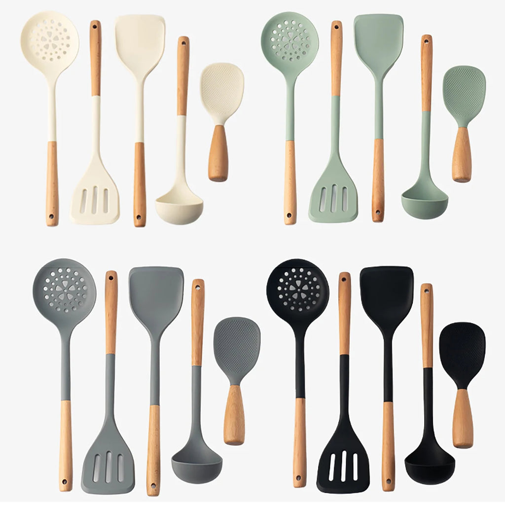 5pcs Silicone Kitchen Utensils Set Wooden Handle Non-stick Spatula