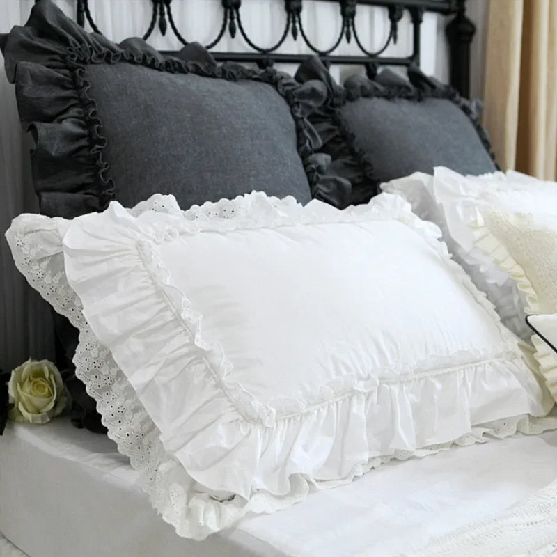 2 Pieces White Satin Lace Ruffle Pillow Case European Style Elegant Embroidered Pillowcase Luxury Bedding Pillow Cover
