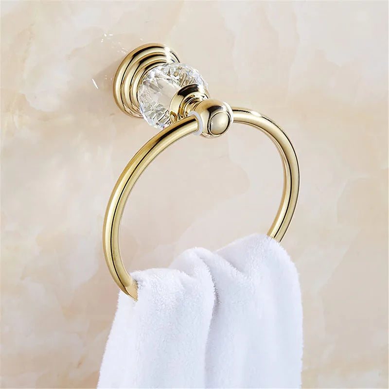 4 Pieces Gold Bathroom Accessories Sets Brass&Crystal Retractable