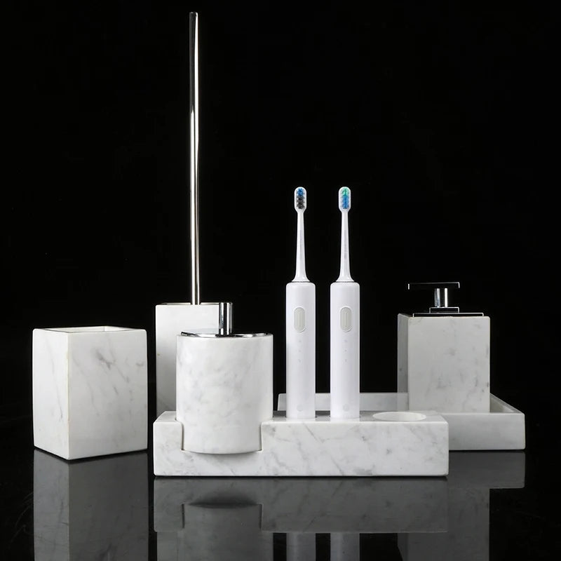 Volakos White Natural Marble Bathroom Set Soap Dispenser Soap Dish