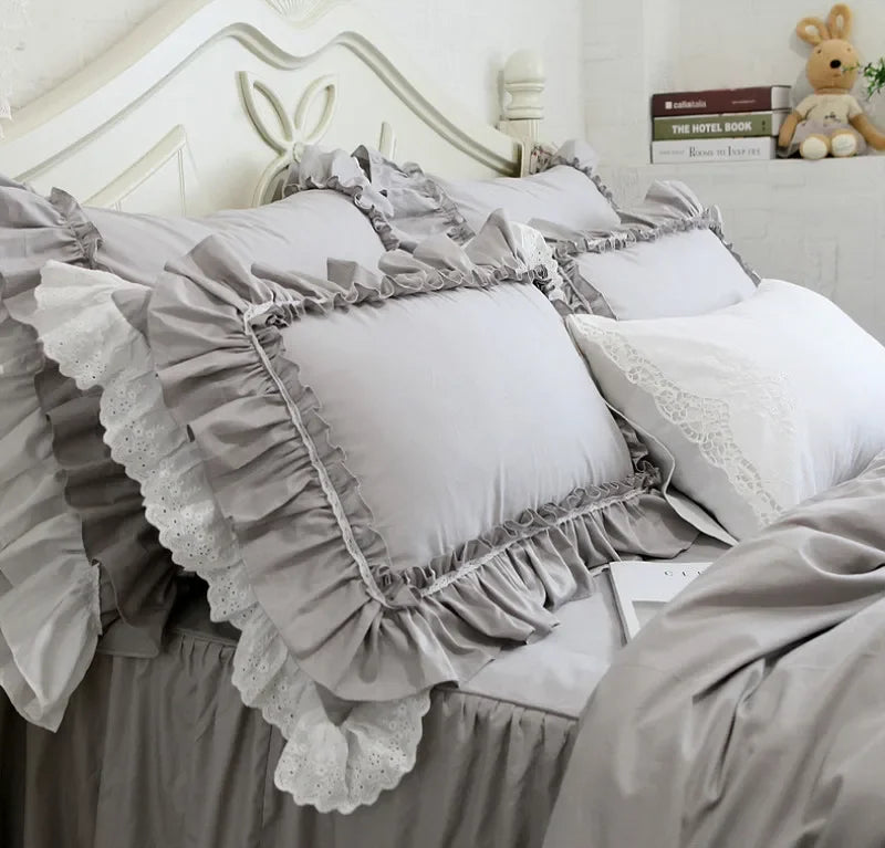2 Pieces White Satin Lace Ruffle Pillow Case European Style Elegant Embroidered Pillowcase Luxury Bedding Pillow Cover