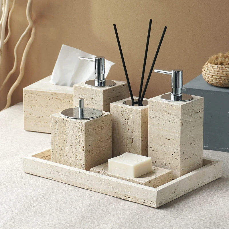 Beige Travertine Bathroom Accessories Set Natural Marble Soap