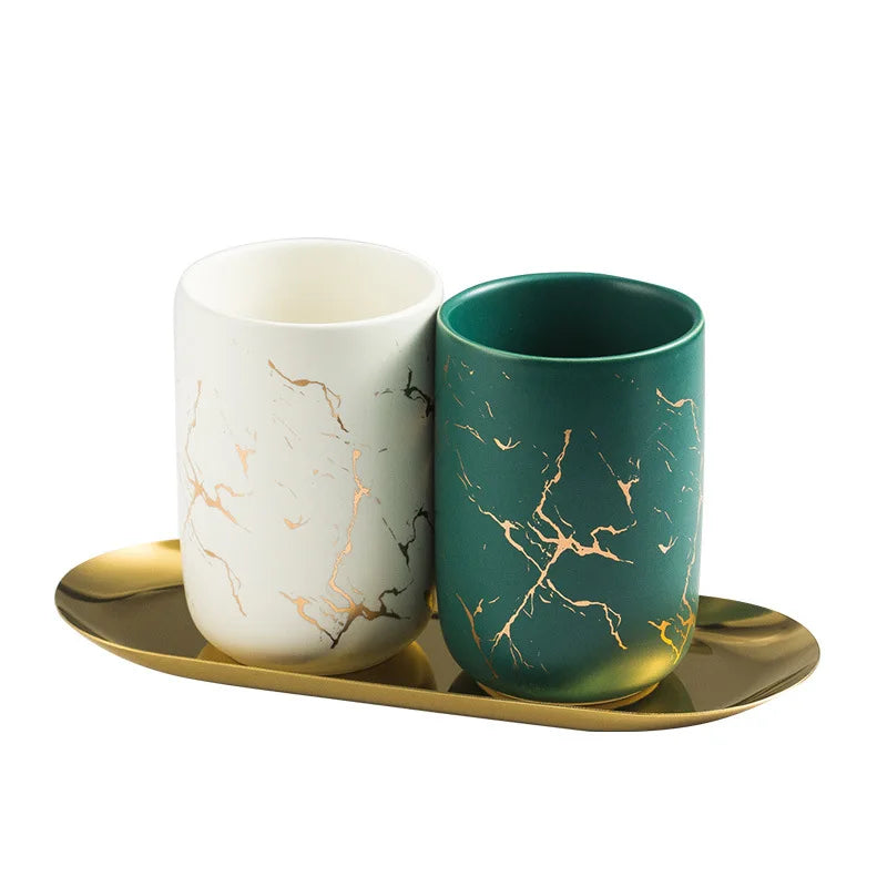 Creative Marbled Gold Plated Mouthwash Cup Couple Toothbrush Holder