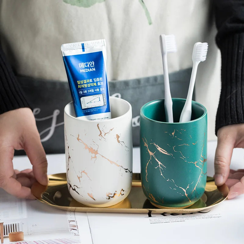 Creative Marbled Gold Plated Mouthwash Cup Couple Toothbrush Holder