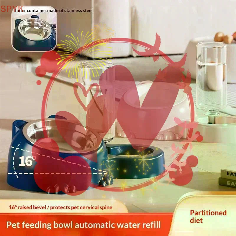 Pet Bowl 2-in-1 Auto Water Feeder, Tilted Elevated Cat Dog Bowl For
