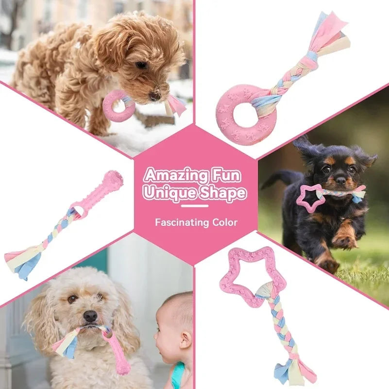 Dog Chew Toys for Cleaning Teeth Pink Soft Rubber Bone Funny Ball