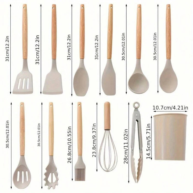 12-Piece Silicone Utensil Set, Wooden Handles