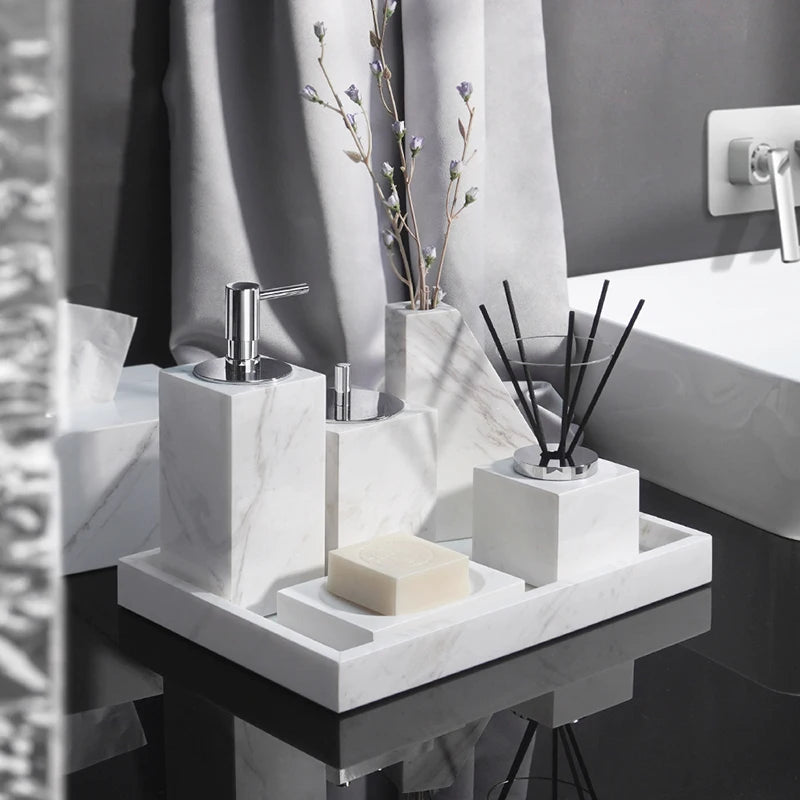 Volakos White Natural Marble Bathroom Set Soap Dispenser Soap Dish