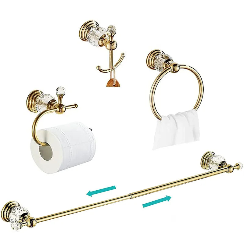 4 Pieces Gold Bathroom Accessories Sets Brass&Crystal Retractable