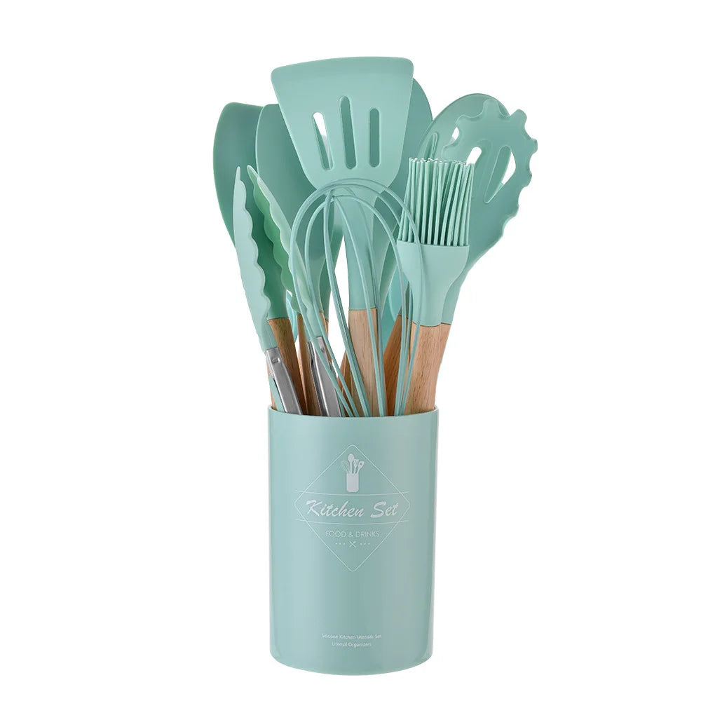 12-Piece Silicone Utensil Set, Wooden Handles
