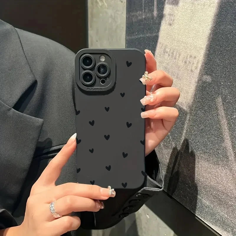 Black Love Heart Phone Case For iPhone 18 17 16 14 15 13 12 11 Pro