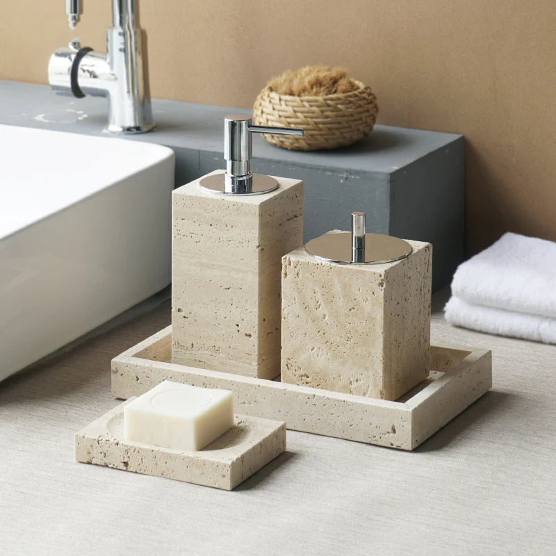 Beige Travertine Bathroom Accessories Set Natural Marble Soap