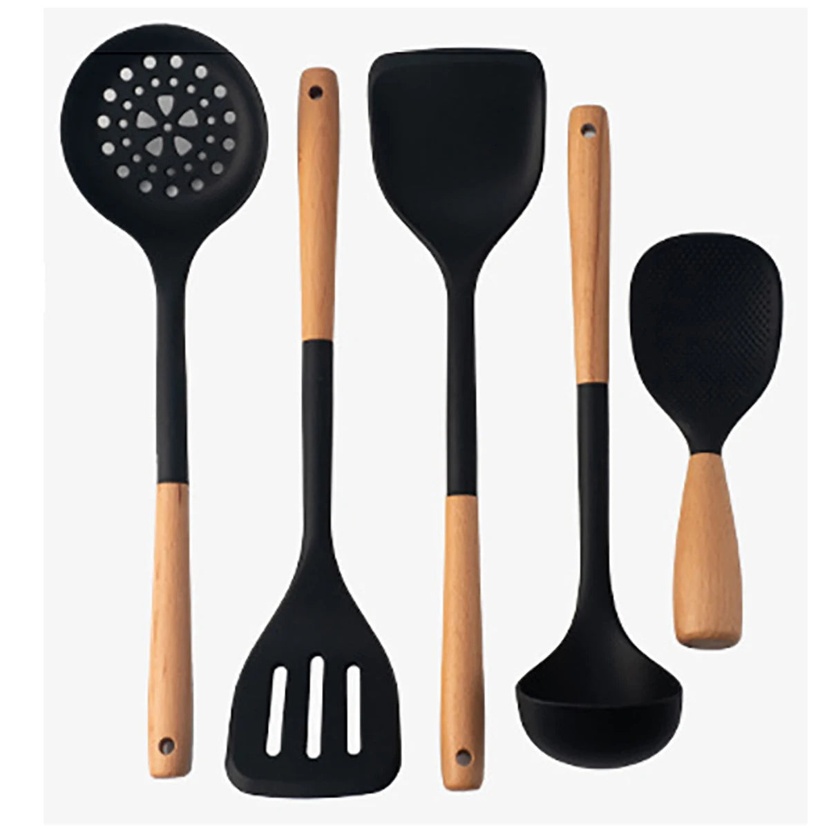 5-Piece Silicone Utensil Set, Wooden Handles