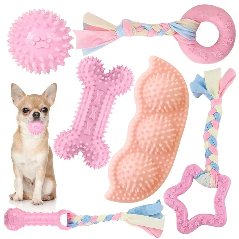 Dog Chew Toys for Cleaning Teeth Pink Soft Rubber Bone Funny Ball