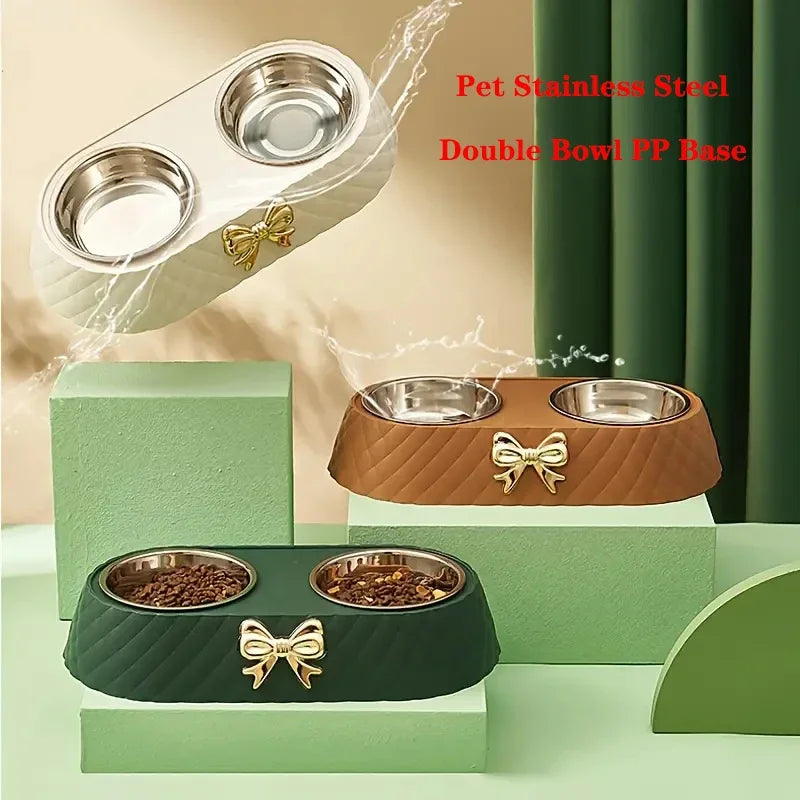 Pet Cat Food Bowl PP Base Bow-tie Bowknot Cat Feeder Stainless Steel