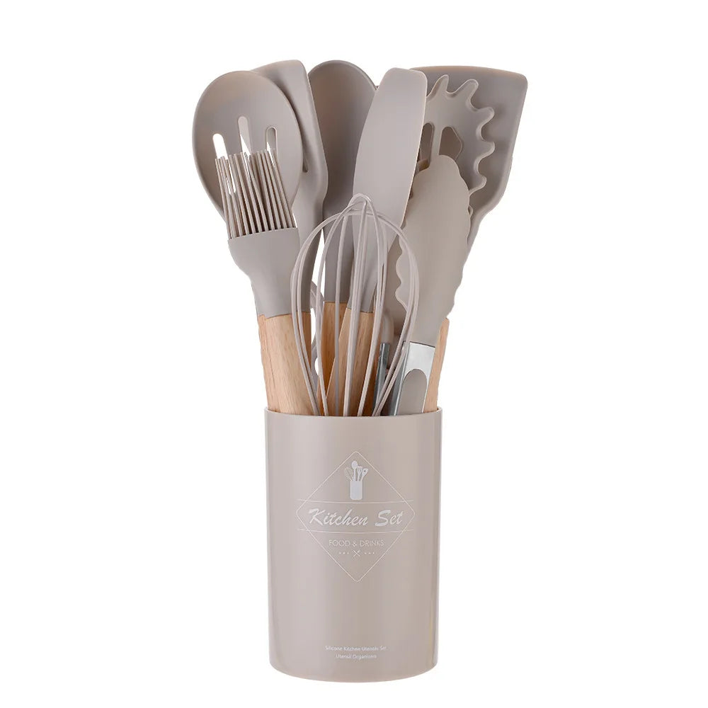 12-Piece Silicone Utensil Set, Wooden Handles