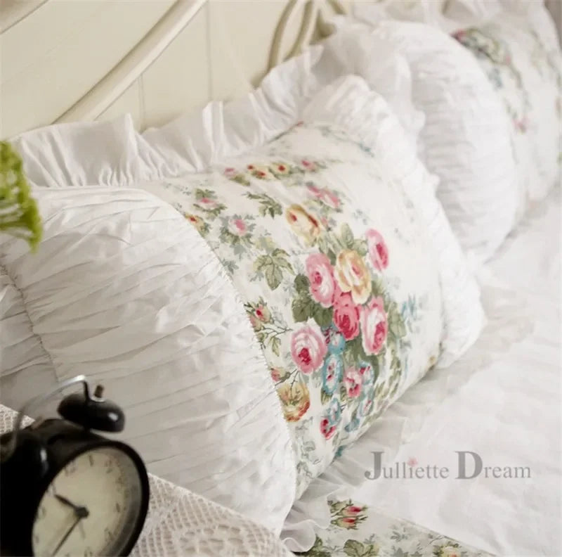 2 Pieces White Satin Lace Ruffle Pillow Case European Style Elegant Embroidered Pillowcase Luxury Bedding Pillow Cover