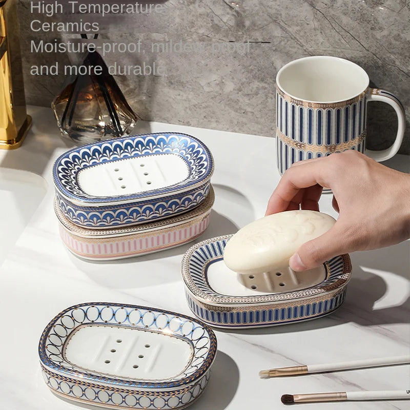 Simple Irregular Stripes Perforated Soap Box Luxury Ceramic Household