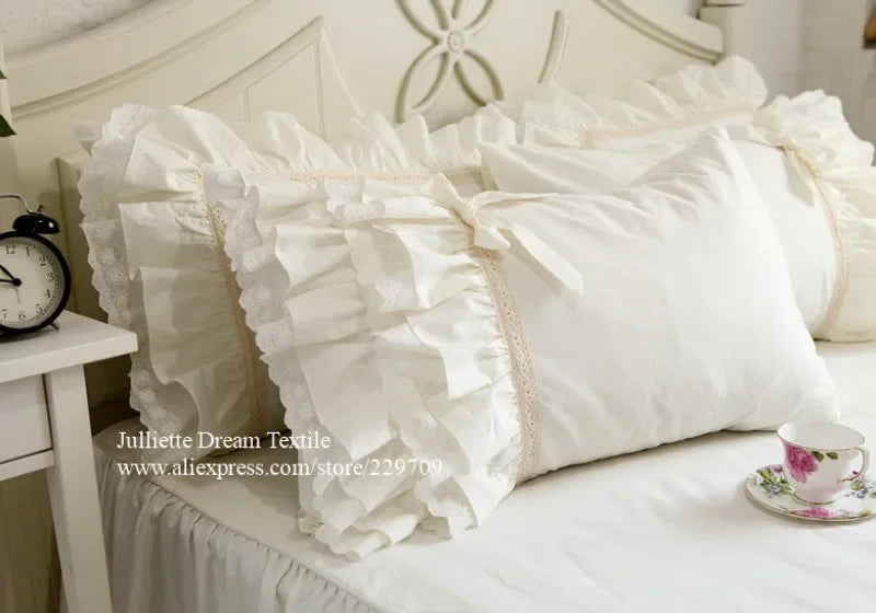 2 Pieces White Satin Lace Ruffle Pillow Case European Style Elegant Embroidered Pillowcase Luxury Bedding Pillow Cover