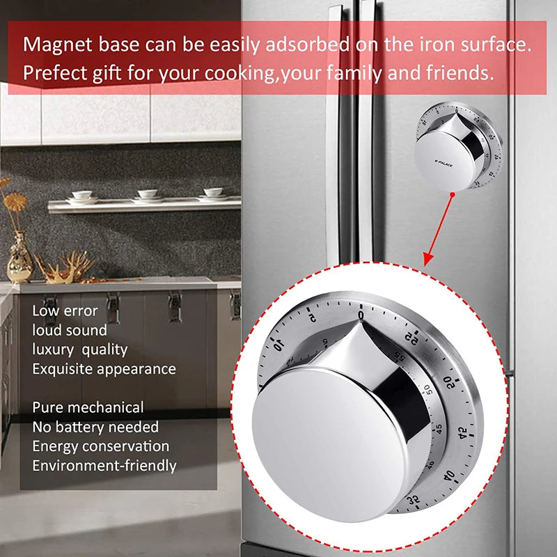 Stainless Steel Kitchen Timer with Magnetic Base Mechanical Cooking