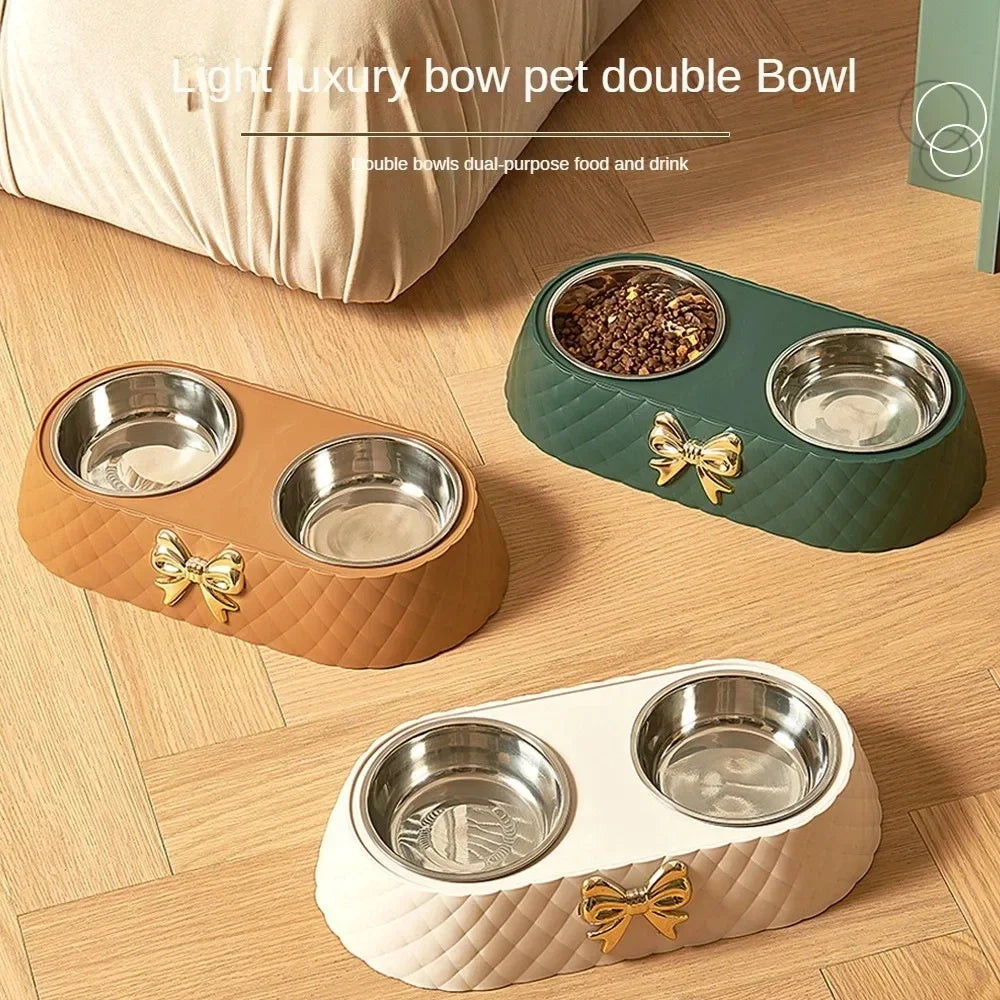 Pet Cat Food Bowl PP Base Bow-tie Bowknot Cat Feeder Stainless Steel