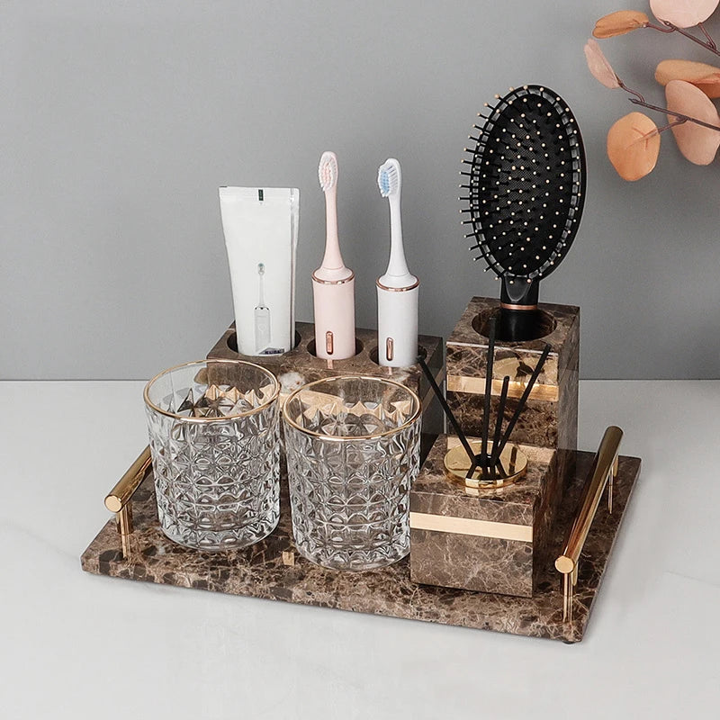 Emperador Dark Natural Marble Bathroom Set Luxury Stone Toothbrush