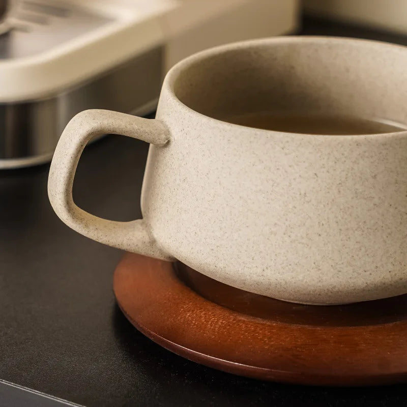 Coarse Pottery Ceramic Coffee Cup with Wooden Saucer 240ml Afternoon