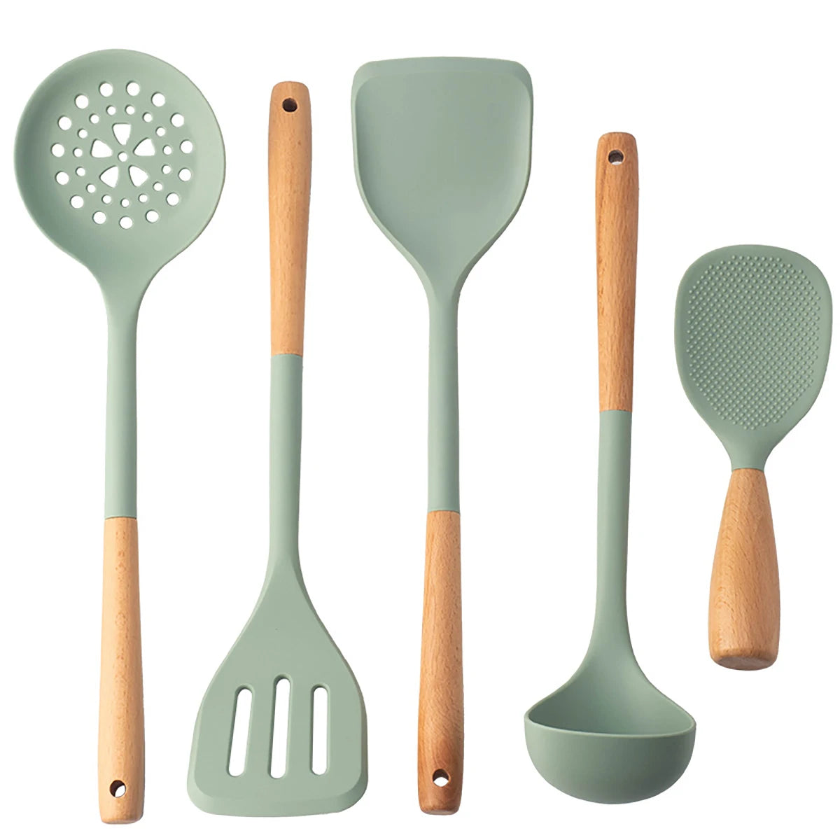 5-Piece Silicone Utensil Set, Wooden Handles